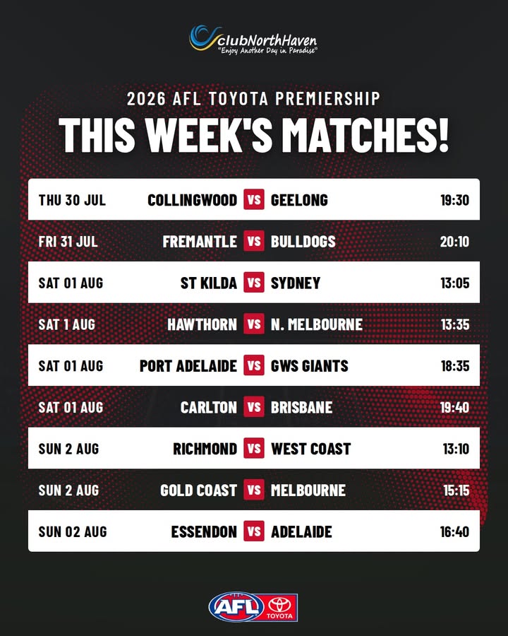 Featured image for “2026 AFL Toyota Premiership Matches This Week at Club North Haven”
