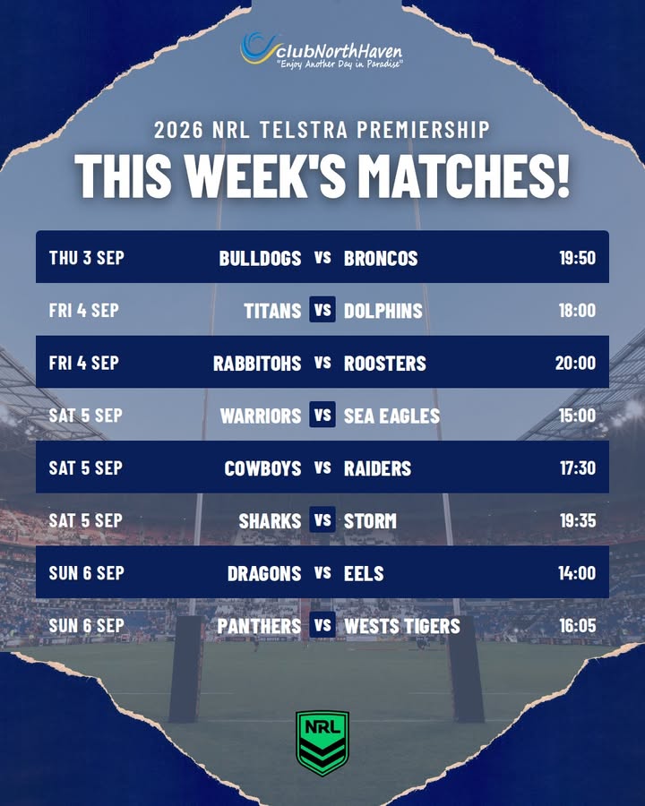 Featured image for “2026 NRL Telstra Premiership This Week’s Matches at Club North Haven”